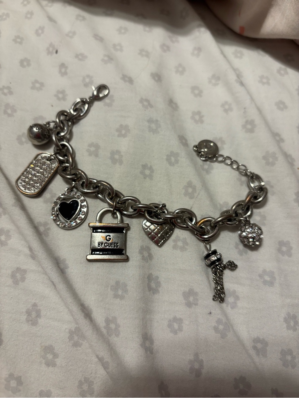 GUESS Silver-Tone Logo & Heart Charm Bracelet
